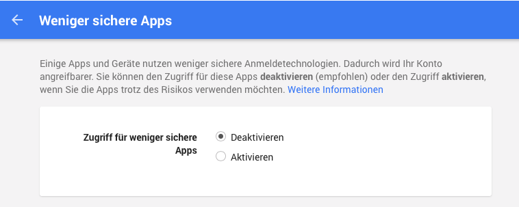 Google-Account: Sicherheitseinstellungen bezüglich weniger sicherer Apps